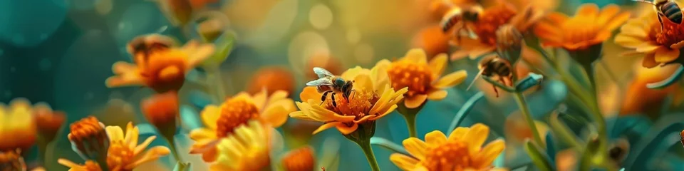 Fotobehang A macro view of several bees on top of many orange and yellow colors and hectic flowers with a green background. © Image