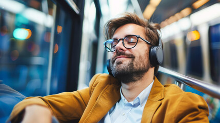 Young businessman relaxing and smiling by listening to music with headphones while traveling in a public transport