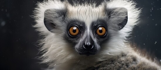 Fototapeta premium A closeup of a primate Lemur with large orange eyes, whiskers, and a snout, looking directly at the camera. Its fur stands out against the darkness, capturing a stunning wildlife event