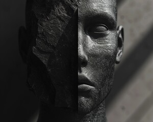 Portrait of a person with an ambiguous expression, half in shadow, - obrazy, fototapety, plakaty