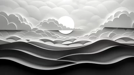 Foto op Plexiglas Black and white layered paper cutout of sunset over a flat field with rolling clouds, inside a thin paper frame. Generative Ai © Handz