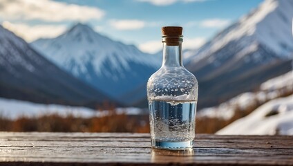 Obraz na płótnie Canvas Bottle and glass of pouring crystal water against blurred nature snow mountain landscape background Generative AI