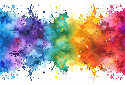 Rainbow colored paint splatters create a vibrant explosion on a white background