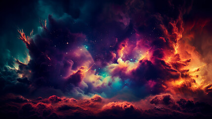 Vibrant shades of blue,purple,red and orange blend in a dramatic and dynamic celestial scene reminiscent of a fog.Stars pepper the canvas,giving the impression of a vast,cosmic expanse.AI generated. - obrazy, fototapety, plakaty