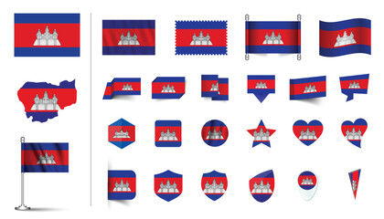 set of Cambodia flag, flat Icon set vector illustration. collection of national symbols on various objects and state signs. flag button, waving, 3d rendering symbols, and flag on map symbols