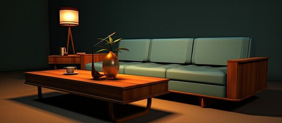 Dimly lit room featuring a sofa, coffee table, and illuminated lamp in the corner