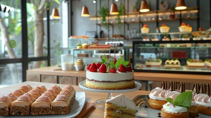 Chic dessert cafe showcasing traditional pastries with a modern artistic twist