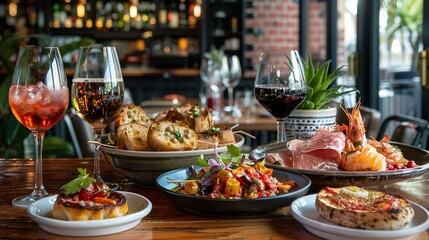 Chic tapas restaurant scene featuring traditional Spanish small plates with modern twist