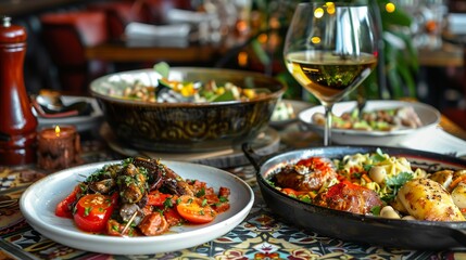 Obraz premium Chic tapas restaurant scene featuring traditional Spanish small plates with modern twist