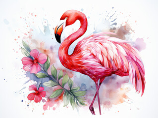 Pink flamingo bird standing in water, watercolor color splash painting, illustration