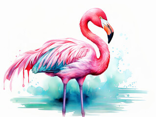 Pink flamingo bird standing in water, watercolor color splash painting, illustration