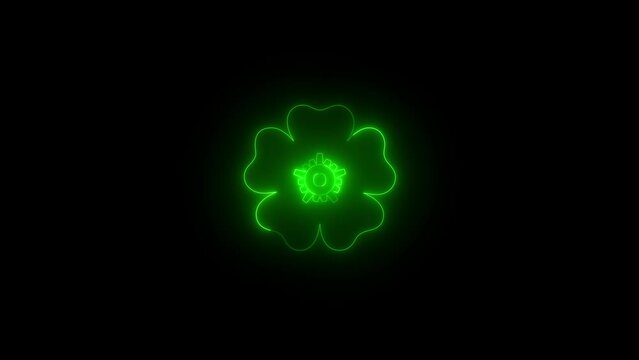 Neon glowing green color rose flower icon animation black background