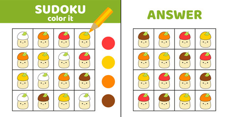 Sudoku. Mushroom boletus, porcini. Coloring sudoku with mushroom. Squishmallow. Cartoon