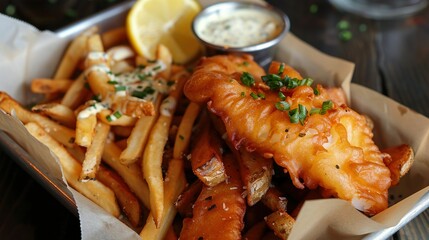Rustic yet modern interpretation of traditional fish and chips with gourmet tartar sauce