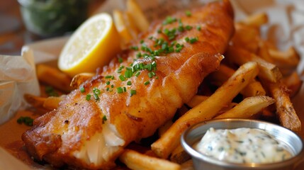 Rustic yet modern interpretation of traditional fish and chips with gourmet tartar sauce