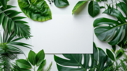 Tropical palm leaves with white card. Text box. Flat lay, nature concept, green tropical leaves on white background.