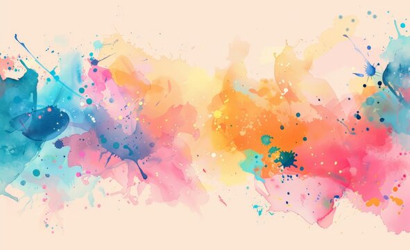 Various vibrant colors of paint are splattered across a clean white background, creating a dynamic and visually striking composition