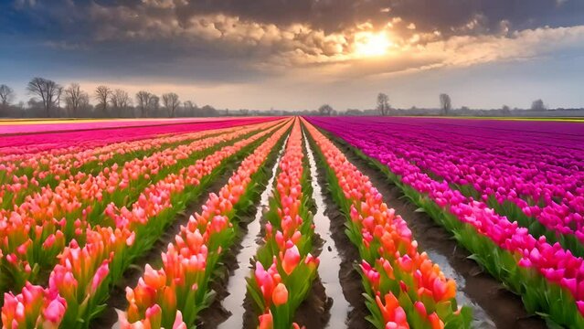 Field of tulips under cloudy sky with a hint of sunlight