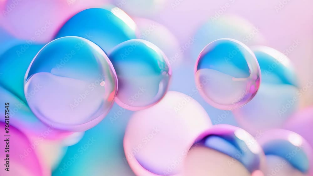 Poster pink holographic bubbles floating on the soft colorful abstract background in beautiful vivid tones