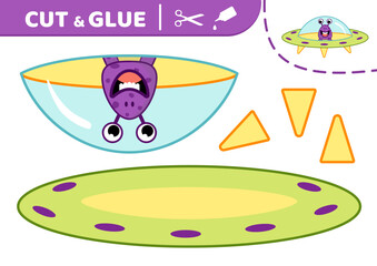 Green flying saucer with purple alien. Cut and glue. UFO. Applique. Paper game. Vector