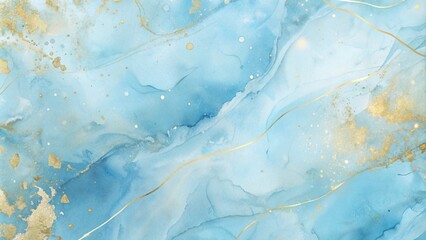 Abstract watercolor paint background with soft pastel blue and gold lines