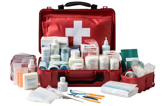 Essential Medical Supplies in First Aid Kit Isolated On Transparent Background PNG.