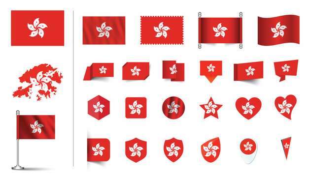 set of Hong Kong flag, flat Icon set vector illustration. collection of national symbols on various objects and state signs. flag button, waving, 3d rendering symbols, and flag on map symbols