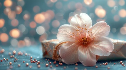  a pink flower sitting on top of a present box on top of a blue table covered in confetti.