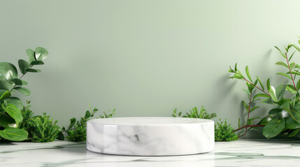Round white marble platform podium and green leaves bushes around. Summer background with green leaves bushes and sunlight. Photorealistic 3d stylish mockup template for product presentation