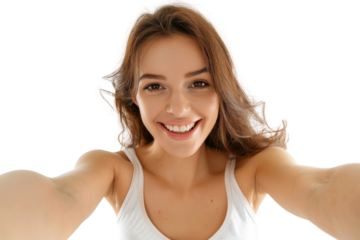 Portrait of beautiful young woman taking selfie posing with smile and attractive focus look, isolated on trasparent png background.