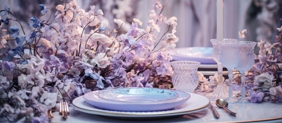 A circle table is elegantly set with purple flowers in glass vases, dishware, and utensils,...
