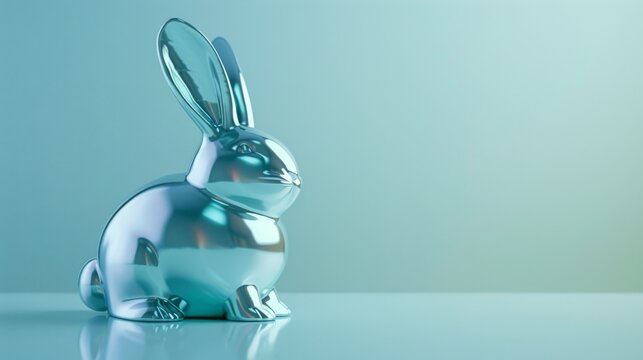 Metallic bunny bank reflects light, symbolizes growth, spring morning backdrop. Metal bunny for coins shines, with spring colors for hope.