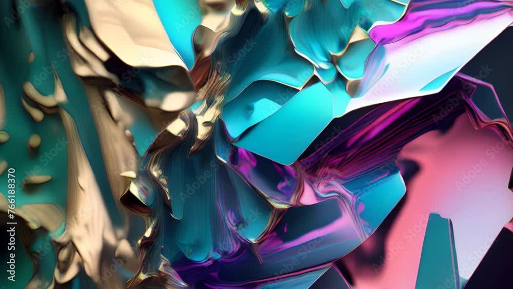 Poster Abstract background with free 3D golden shapes, flowing and melting in surreal motion. Soft splashing abstract forms background with blue and purple crystal inclusion