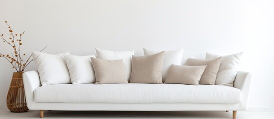 Fototapeta na wymiar White upholstered sofa adorned with cushions and a decorative vase placed on top