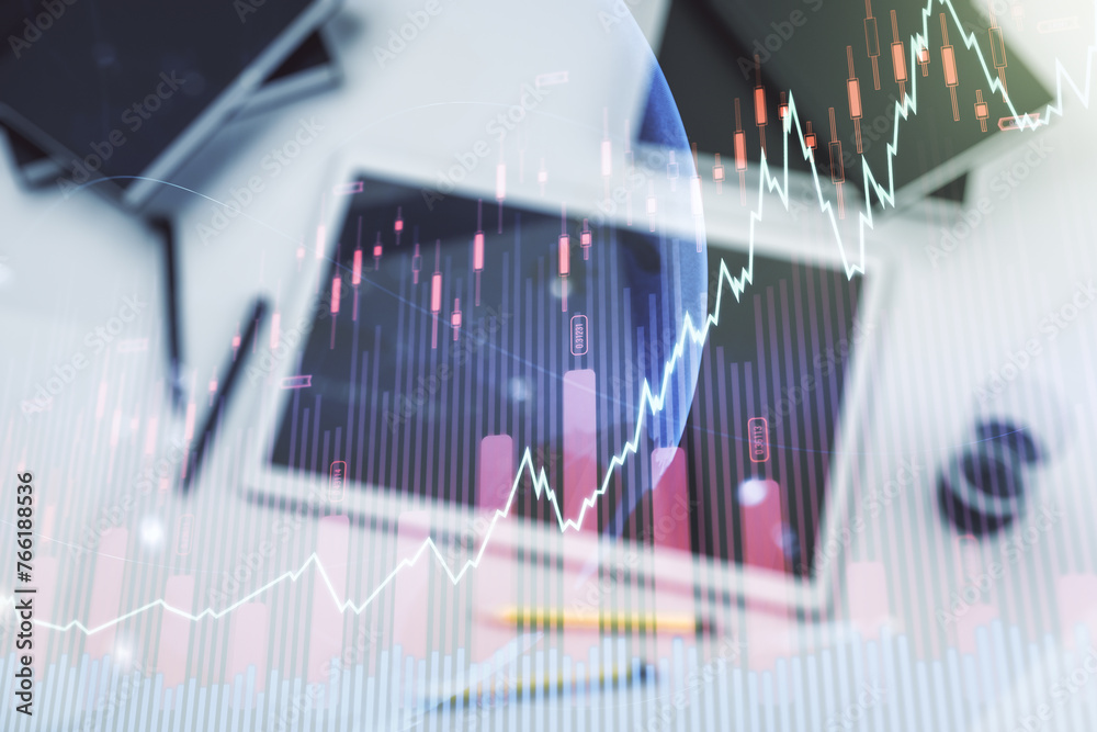 Poster Multi exposure of abstract creative financial graph with world map and modern digital tablet on background, top view, forex and investment concept