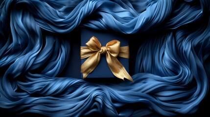  a blue gift box with a gold bow on top of a blue cloth draped with a large amount of blue fabric.