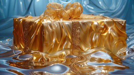  a golden gift box with a bow on top of it floating in a pool of water with a blue curtain in the background.
