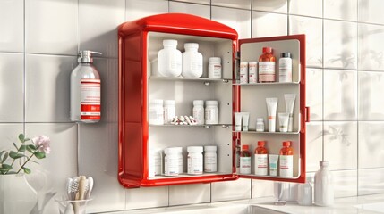 Pharmacy cabinet and medicine wall chest full of drugs, pills and bottles. Pharmacy shelves. Metal open and closed medical cabinet. Bathroom shelves. - obrazy, fototapety, plakaty