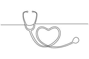  Stethoscope and heart shape single line art, continuous one line drawing of  Isolated outline vector art black white background