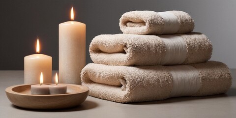 Fototapeta na wymiar Spa towels with burning candles on gray background, close-up.