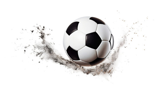 Soccer Ball Soaring Mid-Air after Powerful Kick Isolated On Transparent Background PNG.