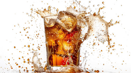 An icy cold beverage splattering against a white backdrop, showcasing the refreshing burst of flavor and sensation.