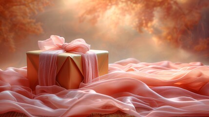  a gift box with a pink ribbon on a bed of pink fabric in front of a tree with orange leaves.
