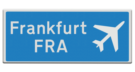 Digital composition. .Road sign for Frankfurt airport. ..Straßenschild für den Flughafen Frankfurt FRA..PNG file