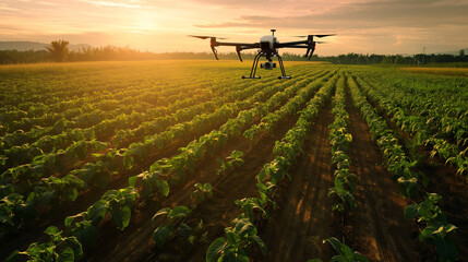 A drone flies over an agricultural field. Smart farming and precision farming concepts Blue sky and white clouds in the background at sunset