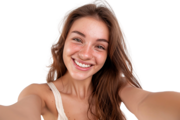 Portrait of beautiful young woman taking selfie posing with smile and attractive focus look, isolated on trasparent png background.