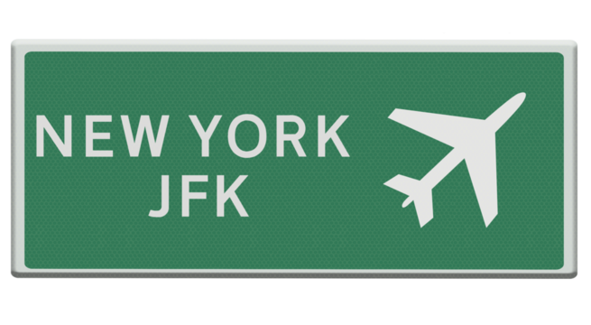 Digital composition. .Road sign for New York JFK airport. .PNG file.