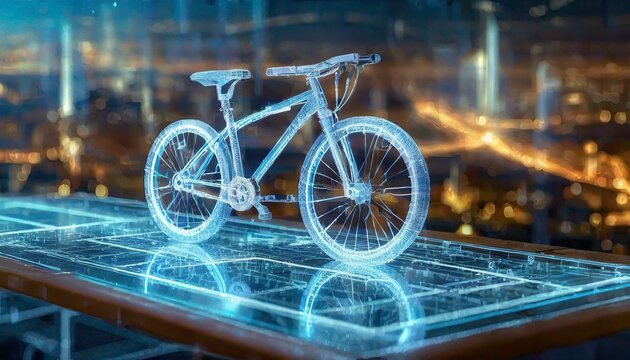 Futuristic holographic outline model of a bike. Cold tone wireframe of a bicycle. Polygonal model. Modern city in the background