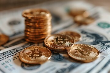 Cryptocurrency Investment Concept. Bitcoin Coin With Laptop And Us Dollars. Golden Coins On A Dollar Banknotes