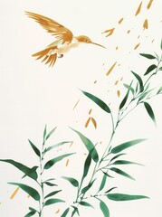 A painting depicting a bird in flight over a plant, capturing a moment of natural beauty